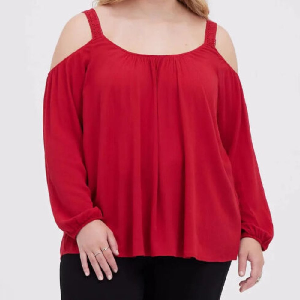 Torrid Crinkle Gauze Cold Shoulder Red Blouse 2X NWT